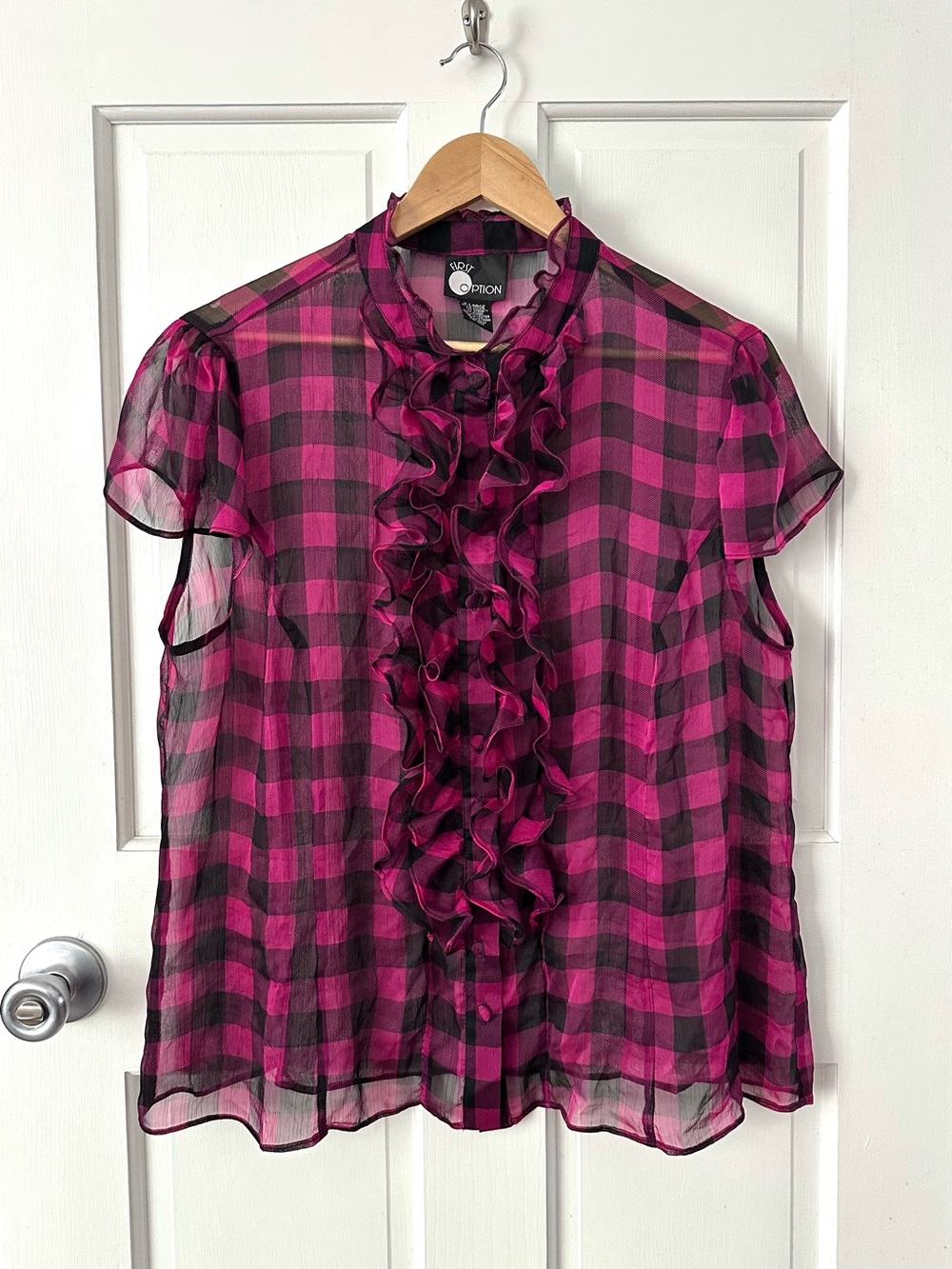 Vintage First Option Magenta Pink Black Checked Sheer Top Ruffle Front XL